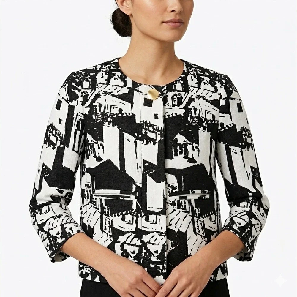 TORY BURCH‎ 100% Linen Jacquard Jacket Black/White Women Size 2 Front Zip Casual